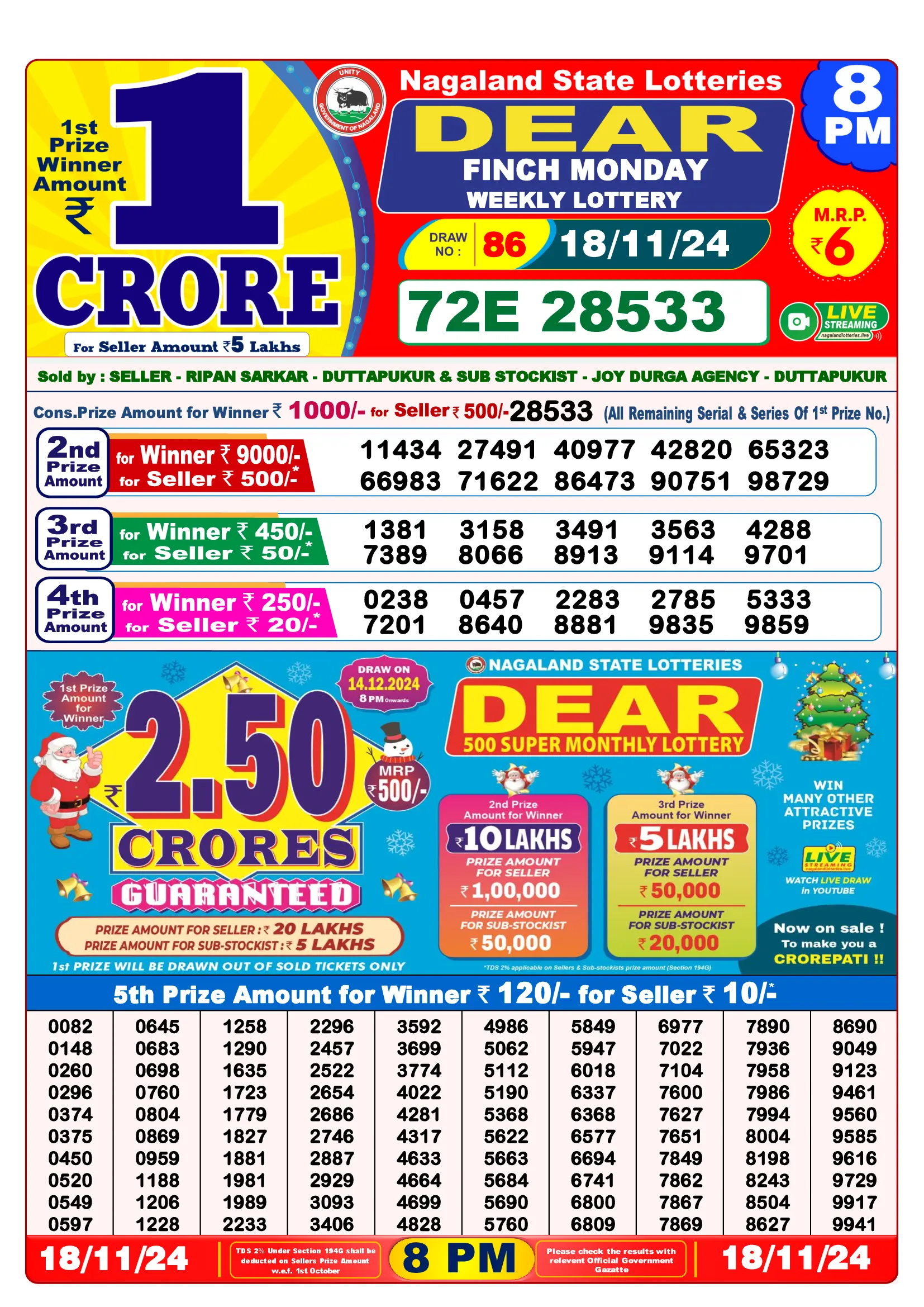 Dear Lottery Yesterday Sambad Result 8:00 PM 18 November 2024